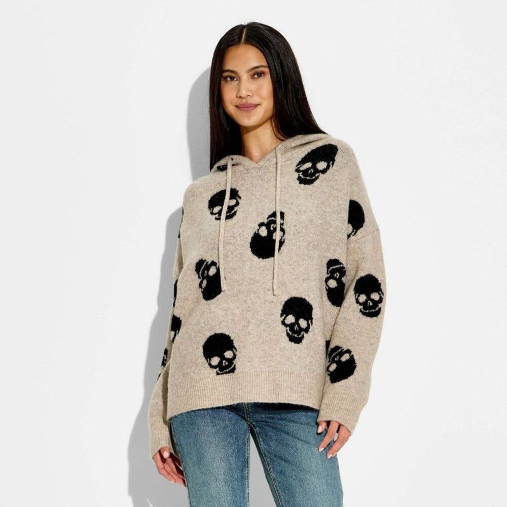 Women's Skulls Hooded Graphic Pullover Sweater - Beige L - Picture 2 of 3